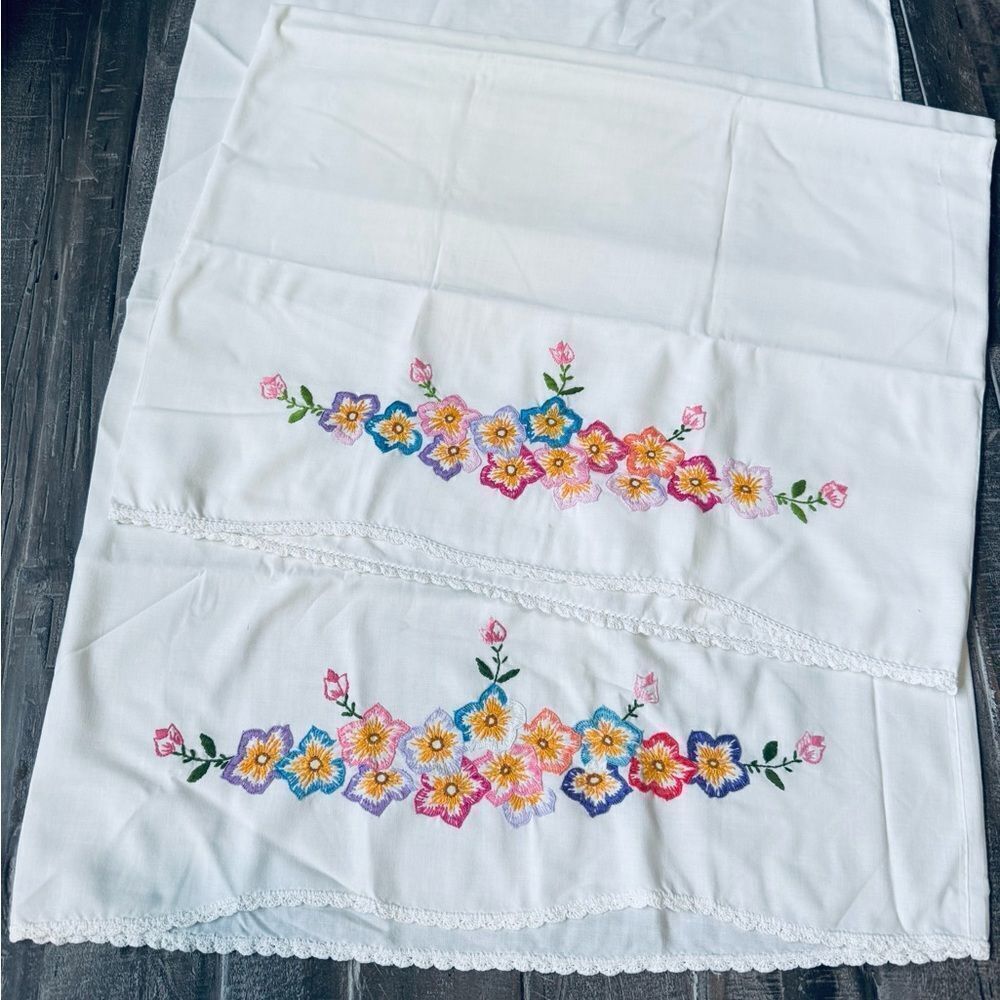 Vintage Antique Embroidered Floral Pillowcases Set